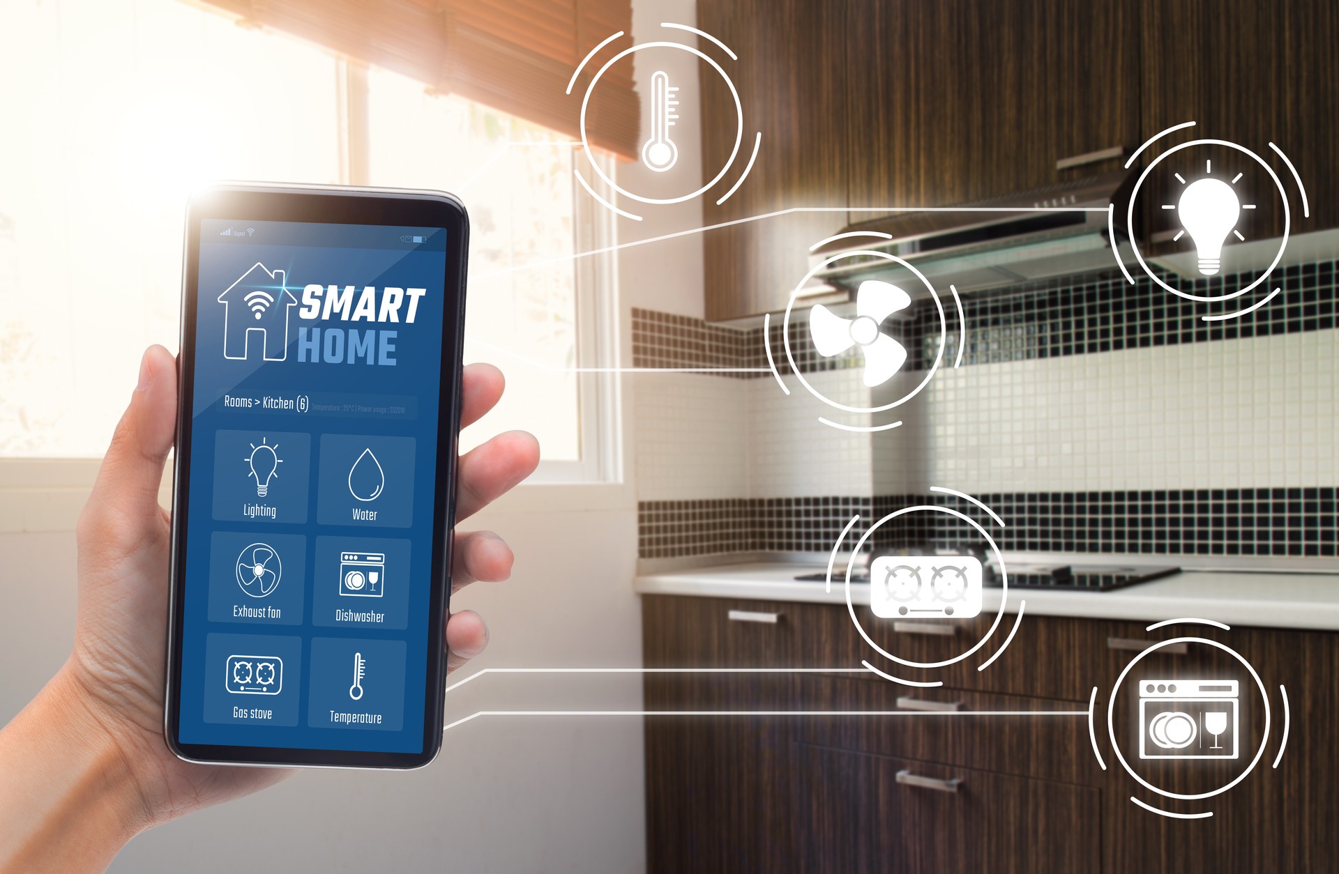 Smart home technology concept, Woman hand using application on smartphone for kitchen controlled with implements icons, Internet of things (IOT), Devices connected in home interior